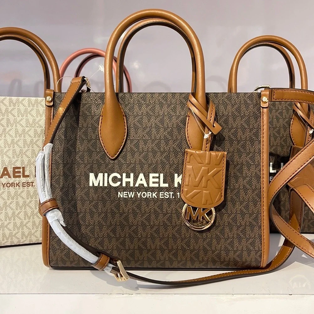 Michael Kors Mirella Small Shopper Top Zip Crossbody Bag Brown Logo MK - Picture 2 of 16